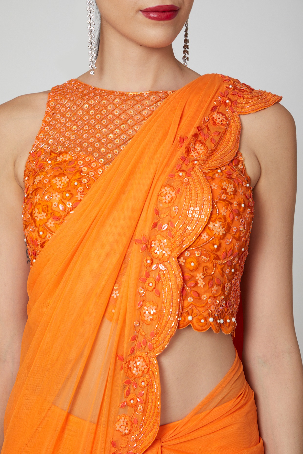 Orange Pre-Stitched Saree Set Design by Rajat & shradda at Pernia's Pop Up  Shop 2024